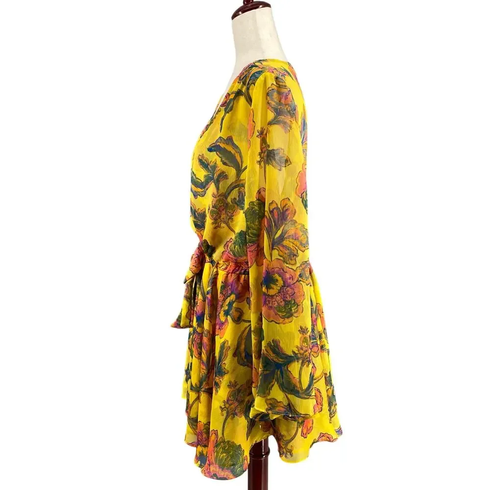 Misa Kaia Floral Chiffon Mini Dress Womens L Canary Yellow Anthropologie Revolve - Picture 4 of 16